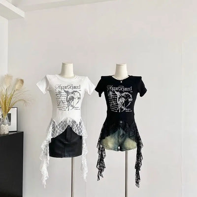 Y2K Brand Cute Deer Graphic Crop Top White Lace Ruffles Tassels Skirt T-shirts Punk Hip Hop E-girl Sexy Club Summer Tees Casual