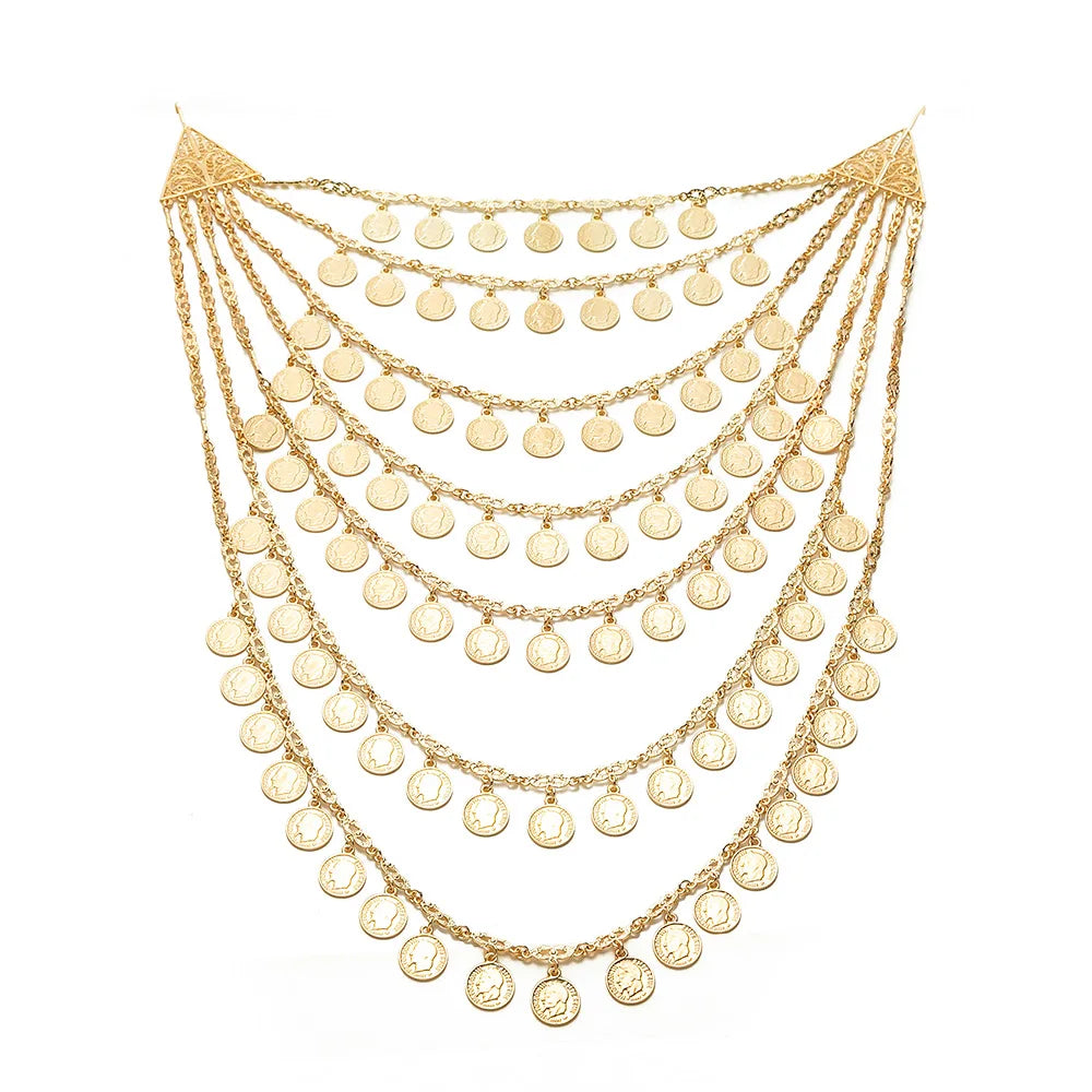 Algerian Wedding Bride Gold Color Necklace Handmade Multi-layer Human Head Chest Chain Coin Necklace Caftan Body Chain Jewelry