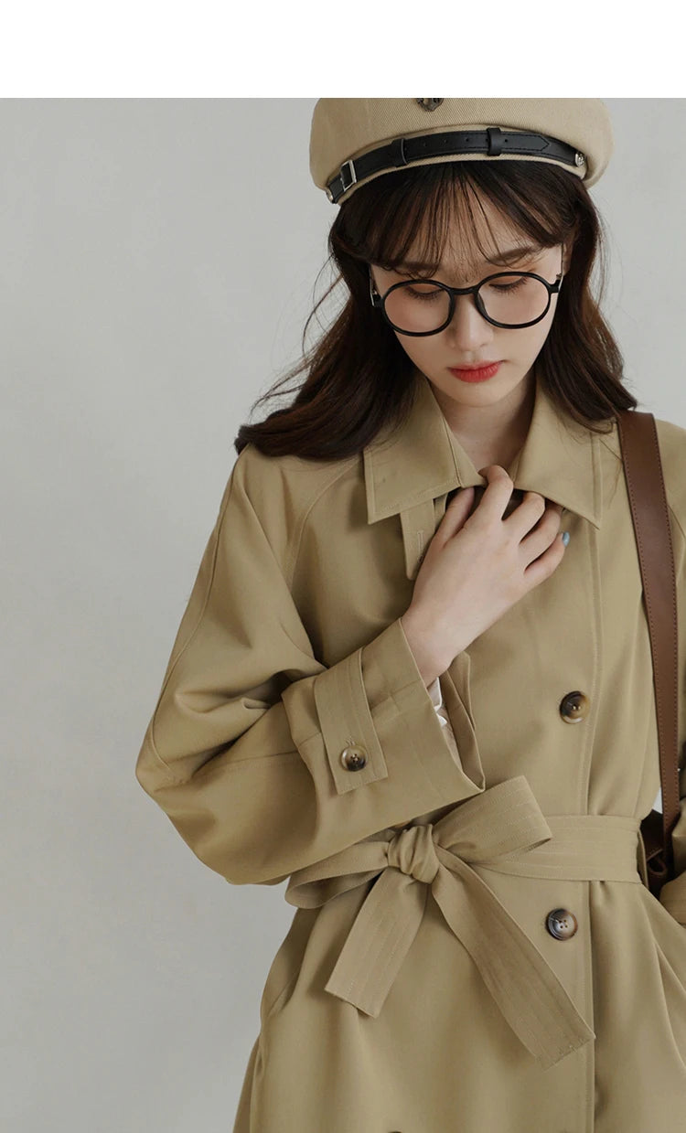 Women Spring Fall Short Trench Coat Korean Style Loose Fit Casual Khaki Jacket Petite-Friendly Versatile and Stylish Outerwear