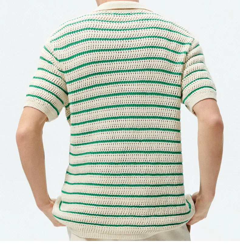 Men's Sexy See-through Knit Shirt Breathable Hollow Striped Shirt Summer New Men's Thin Coat Men's Clothing Hawaiian Shirt Tops