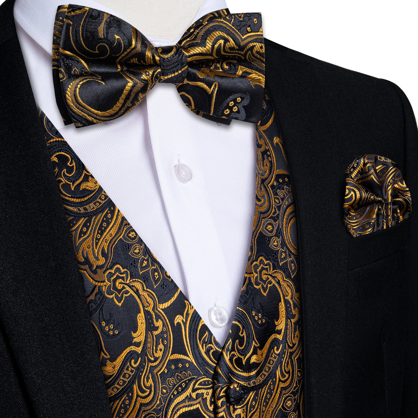 Luxury Golden Color Black Paisley Men's Suit Vest with Pre-tied Bow Tie Pocket Square Cufflinks Wedding Tuxedo Suits Waistcoat