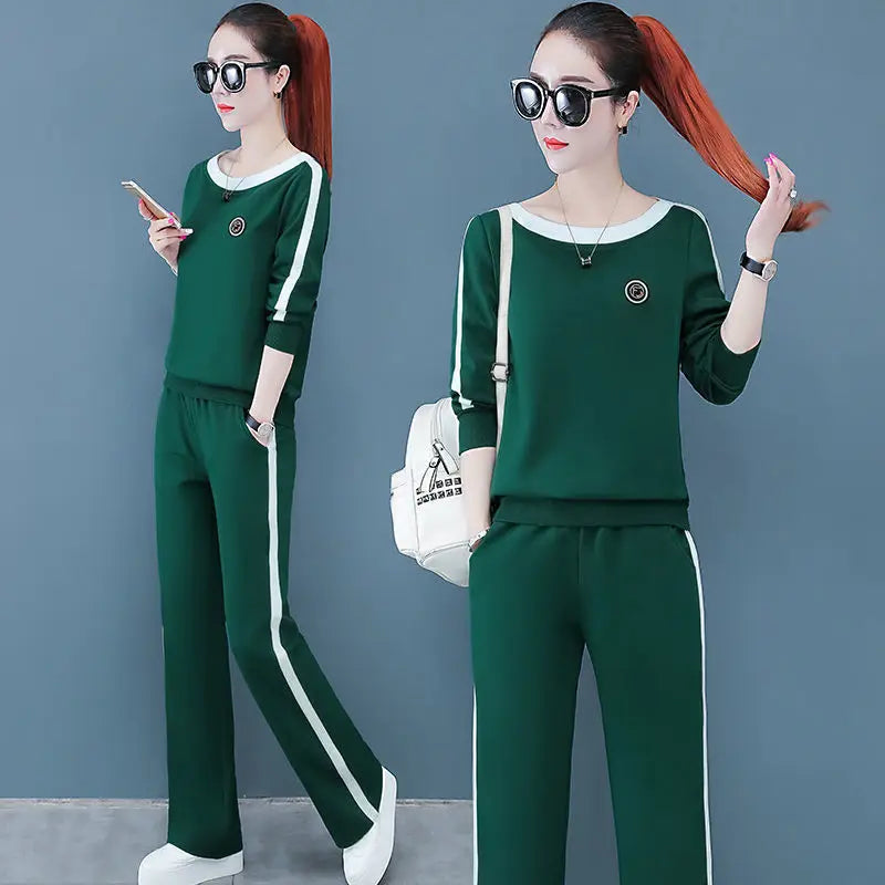 2022 New Spring and Autumn Fashion Long Sleeve Wide Leg Pants Set Women's Korean Slim Relaxed Casual Sports Two Piece Set
