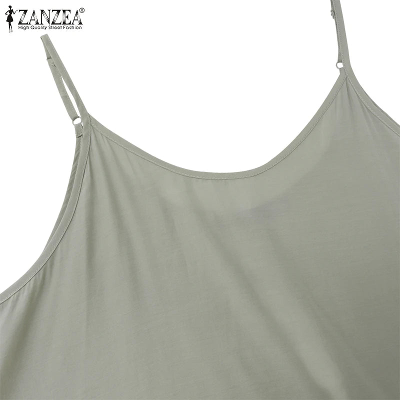 ZANZEA 2024 Summer Holiday Beach Sundress Women Sleeveless Dress Big Swing Vestidos Casual Sexy Bohemian Solid Color Robe Femme