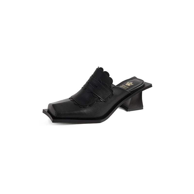 NEW Summer Women Mules Genuine Leather Shoes for Women Square Toe Chunky Heel Shoes Cover Toe Slingback Sandals Modern Slippers