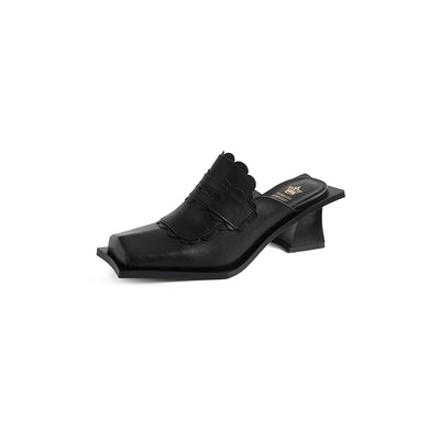 NEW Summer Women Mules Genuine Leather Shoes for Women Square Toe Chunky Heel Shoes Cover Toe Slingback Sandals Modern Slippers