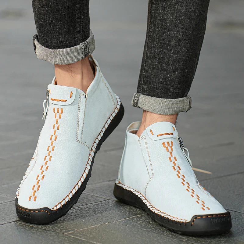 Handmade Leather Casual Shoes For Men Sneakers Men Flat Footwear Zipper Leather Boots Men Ankle Plus Size 39-48