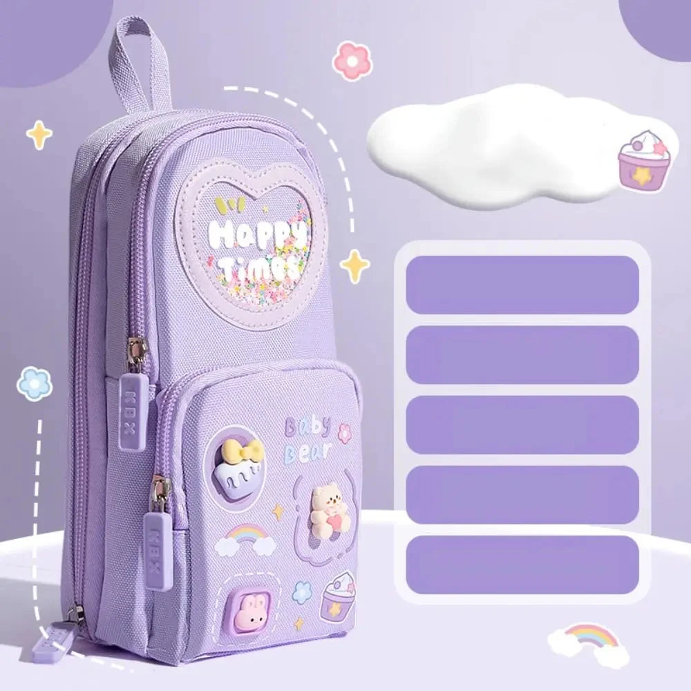 3Layer 6 Pockets Large Capacity Schoolbag shape Pencil Case Pencil Bag Aesthetic Stationery Holder Bag Girls Zipper Pencil Pouch