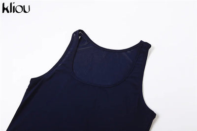 Kliou Solid Sheer Pure Cotton Maxi Dress Women Casual Square Collar Sleeveless Slim Robe Lady Holiday Style Streetwear Clothing