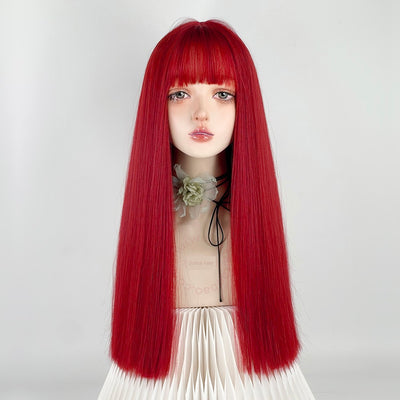 Y2g Sea King Red Long Straight Hair Full Head Cover Lolita Qi Bangs Gyaru Pull Red One-Size-Cut Long Hair Cos Universal