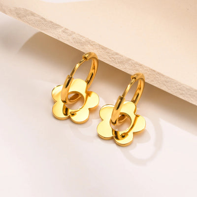 Gold Color Flower Earrings, Stainless Steel Huggie Hoop Earrings, Hypoallergenic Retro Style Bohe Ear Jewelry