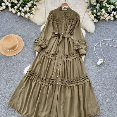 Elegant Long Maxi Hollow Out Dress Shirt Women Summer Autumn Palace Retro Pearl Button Embroidery Crochet Evening Party Vestidos