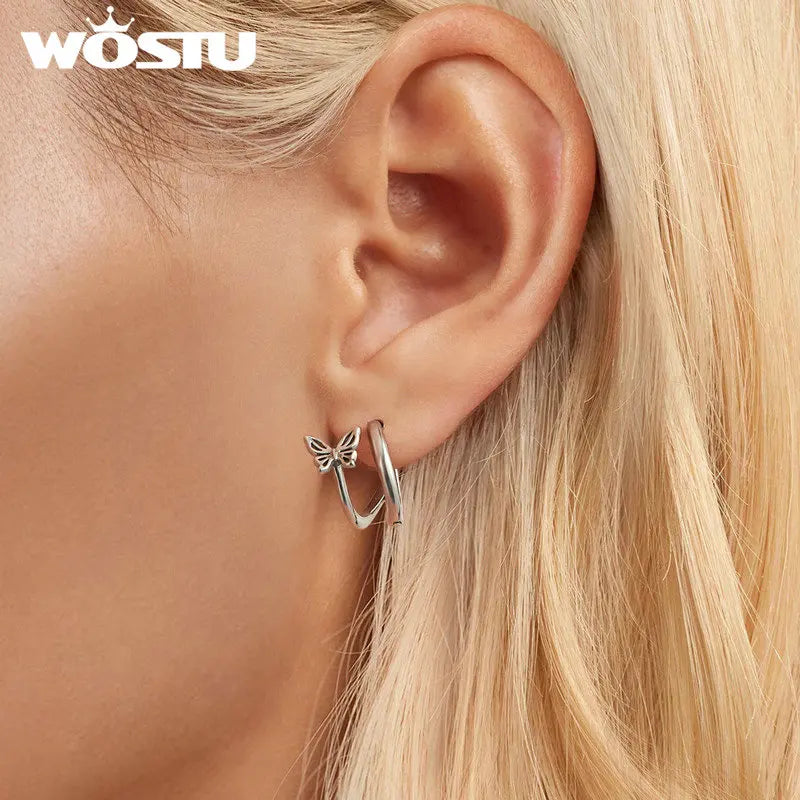 WOSTU Real 925 Sterling Silver Original Butterfly Hoop Earrings Oxidation For Women Wedding Party Daily Gift DIY Fine Jewelry