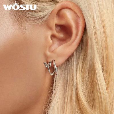 WOSTU Real 925 Sterling Silver Original Butterfly Hoop Earrings Oxidation For Women Wedding Party Daily Gift DIY Fine Jewelry
