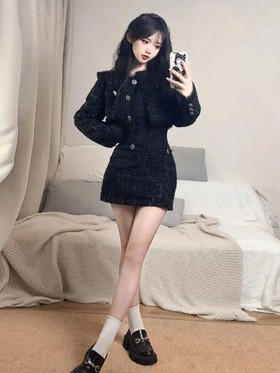 Korean Fashion Short Coat Autumn/Winter New Strap Camisole Dress Wrap Hip Slim Mini Dress Spicy Girl Two Piece Set Women Outfits