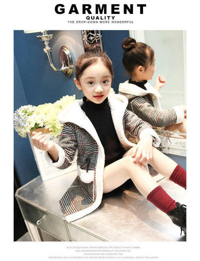 Autumn Winter Girls Hairy Coat Fashion Design Long Coat for Girls Kids Outerwear Grid Pattern Warm Winter Jacket Coats 4-12T