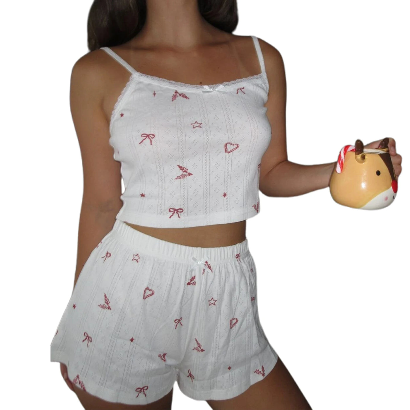 Women's Sleeveless Floral/Bow Heart Print Cami Tops Shorts Sleepwear Sets Summer Lounge Set