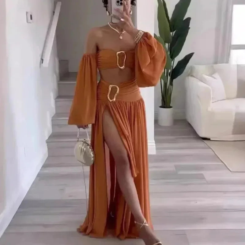 Sexy Pleated Crop Top Split Skirt Set Women Lantern Sleeve Off Shoulder Bust Wrap Top Dress Suit New Lady Holiday Party Outfits