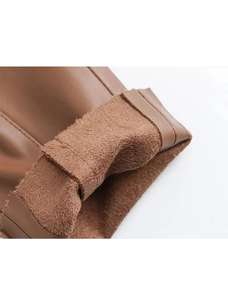 TRAFZA 2024 Women's Faux Leather Pants High Waist Straight Leg Trousers Fashion Female Streetwear Stylish Stretch Pencil Pants