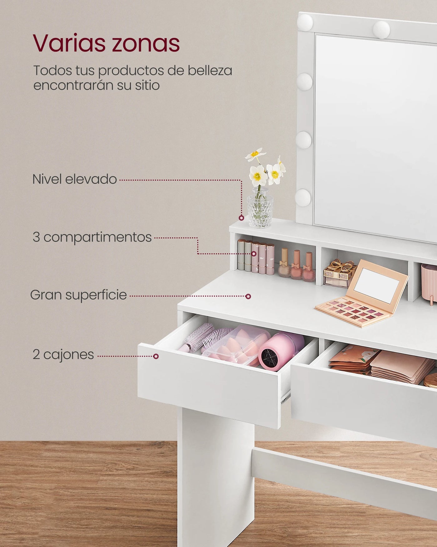 Tocador Moderno Negro con Luces LED de Brillo Ajustable, Mesa de Maquillaje con Espejo, 2 Cajones y 3 Compartimentos