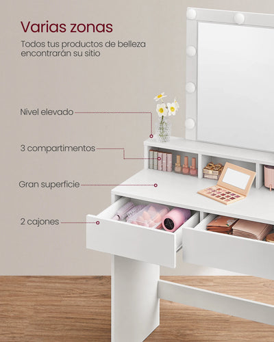 Tocador Moderno Negro con Luces LED de Brillo Ajustable, Mesa de Maquillaje con Espejo, 2 Cajones y 3 Compartimentos