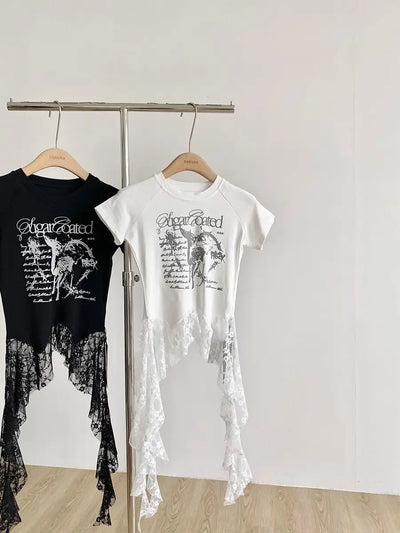 Y2K Brand Cute Deer Graphic Crop Top White Lace Ruffles Tassels Skirt T-shirts Punk Hip Hop E-girl Sexy Club Summer Tees Casual