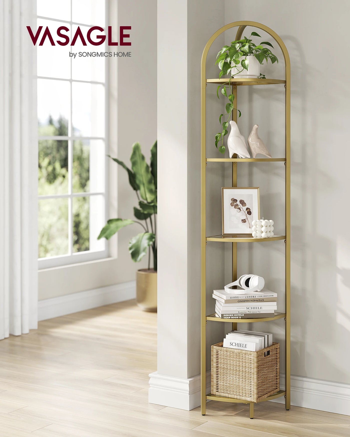 VASAGLE Corner Shelf, 5-Tier Plant Stand, Freestanding Glass Shelf Tower, High Storage Shelves for Living Room, Bathroom