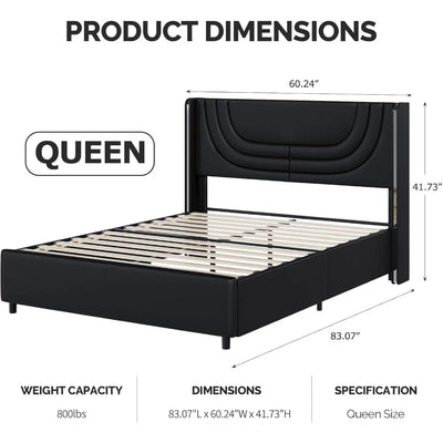 Queen Bed Frame with LED Lights, Faux Leather Upholstered Platform with Silver Wingback Headboard, Modern Style