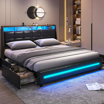 MSmask Full Black Platform Bed with Storage, LED Lights, USB Ports, 4 Drawers, Wingback Headboard - Modern Style, No Box Spring
