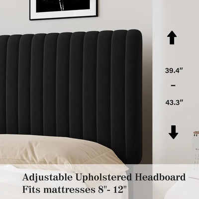 Twin Bed Frame, Velvet Upholstered Platform Bed with Vertical Channel Tufted Headboard and Footboard, No Box Spring Required