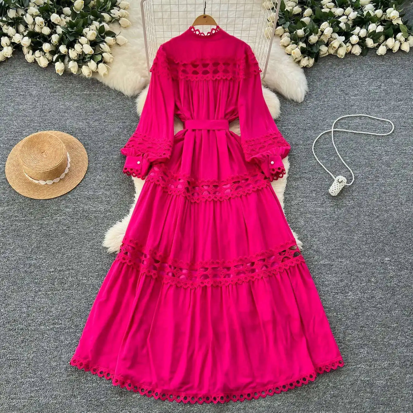 Elegant Long Maxi Hollow Out Dress Shirt Women Summer Autumn Palace Retro Pearl Button Embroidery Crochet Evening Party Vestidos