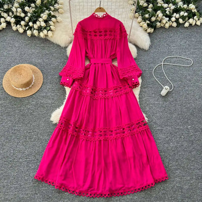 Elegant Long Maxi Hollow Out Dress Shirt Women Summer Autumn Palace Retro Pearl Button Embroidery Crochet Evening Party Vestidos