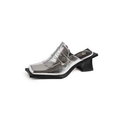 NEW Summer Women Mules Genuine Leather Shoes for Women Square Toe Chunky Heel Shoes Cover Toe Slingback Sandals Modern Slippers