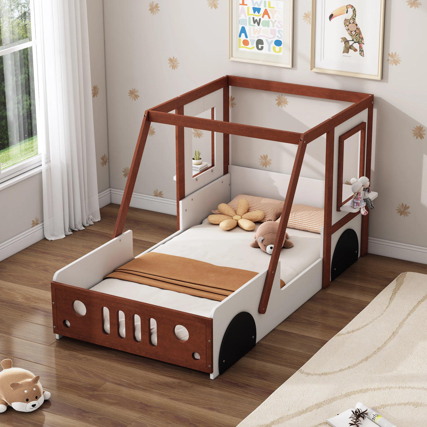 Fun Play Design Twin Size Car Bed for Kids Boys Girls Teens, White and Orange Solid Wood Frame