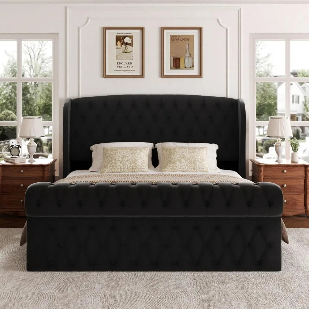 Platform Bed Frame, Chenille Upholstered Sleigh Bed with Scroll Wingback Headboard & Footboard, 52" Tall Headboard