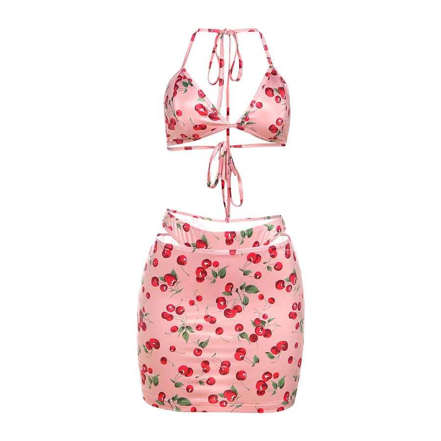 Weird Puss Hottie Sexy 3 Piece Set Women Summer Cherry Print Halter Bra+Thong+Skirts Vacation Beach Party Clubwear Matching Suit
