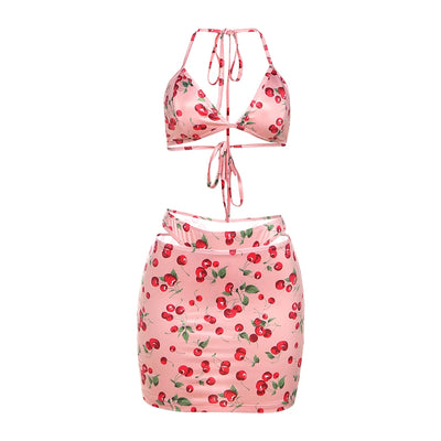 Weird Puss Hottie Sexy 3 Piece Set Women Summer Cherry Print Halter Bra+Thong+Skirts Vacation Beach Party Clubwear Matching Suit