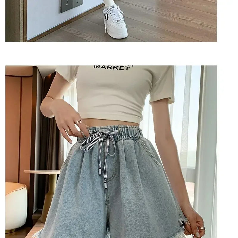 Korean Simplicity High Waist Wide Leg Denim Shorts Fashion Women's Clothing Summer Female All-match Loose Drawstring Shorts