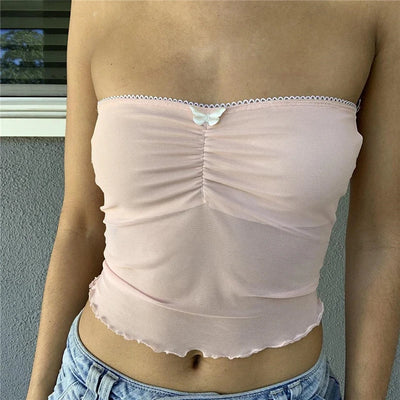 Xingqing y2k Off Shoulder Top Women Fairy Grunge Clothes Summer Sleeveless Lace Trim Patchwork Strapless Tshirt 2000s Streetwear
