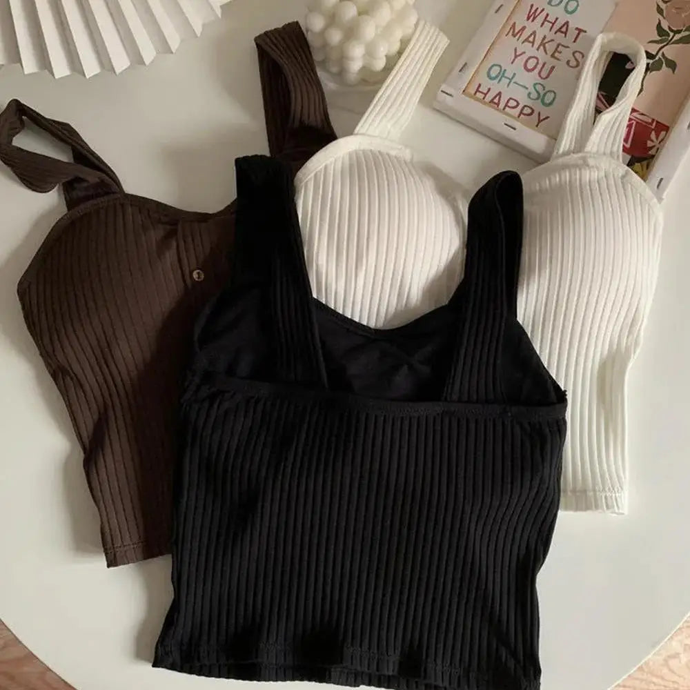 Women's Ribbed Tank Tops Y2K Cropped Tops with Bra Pads Knitted Button Down Suspenders Vest Sexy Camisole Female Short Tops