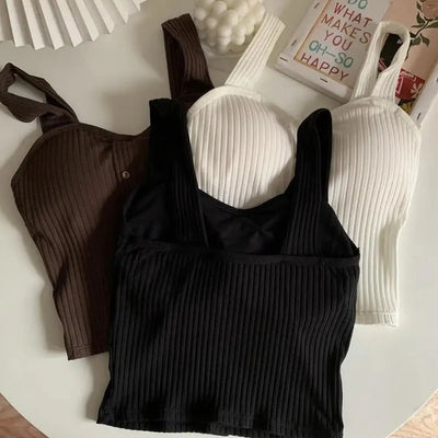 Women's Ribbed Tank Tops Y2K Cropped Tops with Bra Pads Knitted Button Down Suspenders Vest Sexy Camisole Female Short Tops