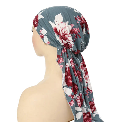 2024 New Women Pre-Tied Turban Cap Muslim Hijab Cancer Chemo Flower Print Hat Cover Hair Loss Head Scarf Wrap Strech Bandana