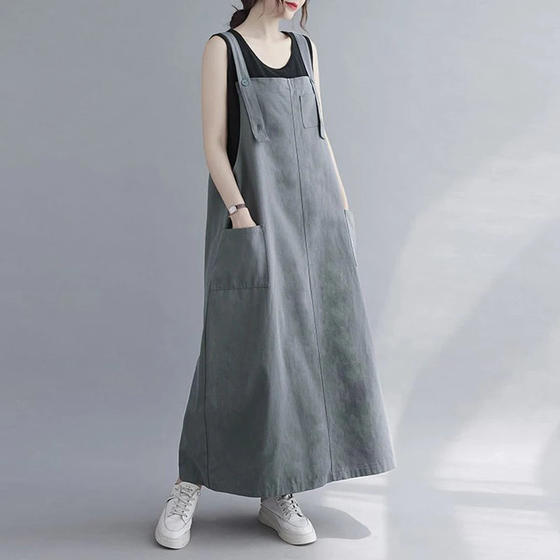 Women Sleeveless Maxi Dress Fashion Workwear Pockets Vestidos 2023 Summer Adjustable Shoulder Straps Dresses Streetwear