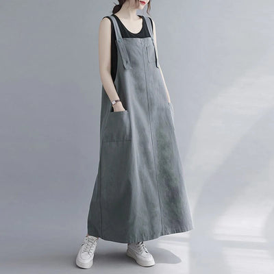 Women Sleeveless Maxi Dress Fashion Workwear Pockets Vestidos 2023 Summer Adjustable Shoulder Straps Dresses Streetwear