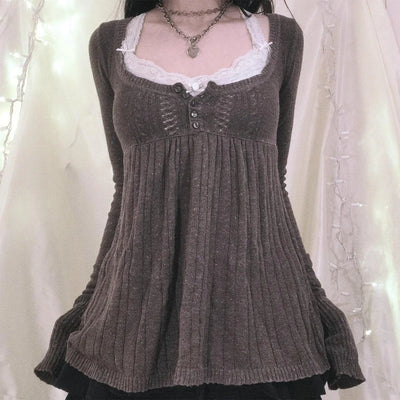 2000s Vintage Long Sleeve Babydoll Knitted Sweater Tops Cottage Milkmaid Pullovers Aesthetic Grunge Y2k Knitwear T-shirts Women