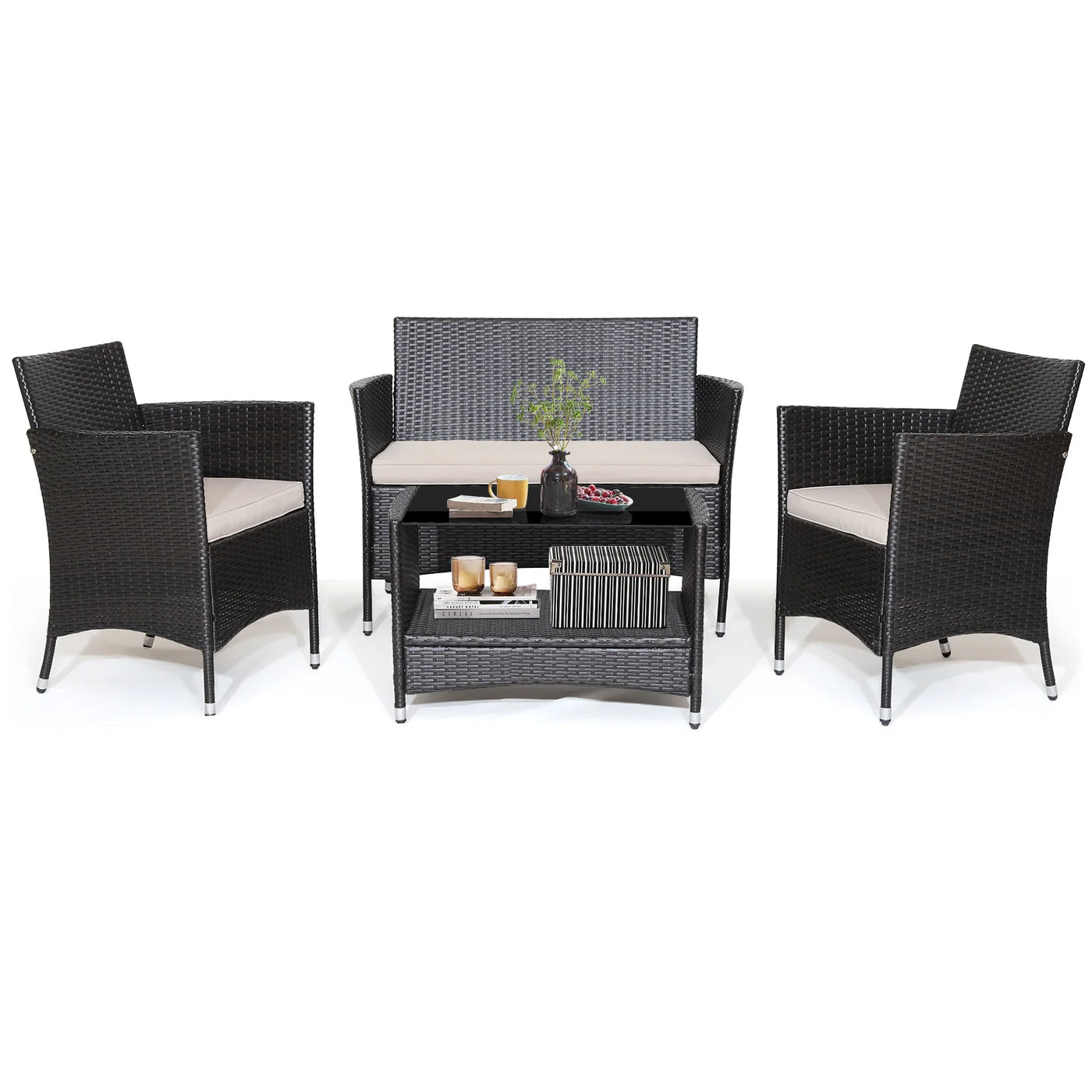 4PCS Patio Rattan Furniture Set Armrest Cushion Sofa Coffee Table withShelf Garden