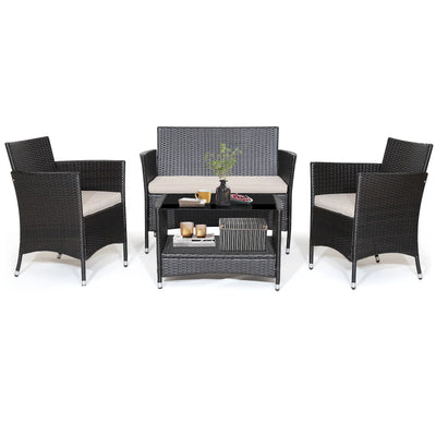 4PCS Patio Rattan Furniture Set Armrest Cushion Sofa Coffee Table withShelf Garden