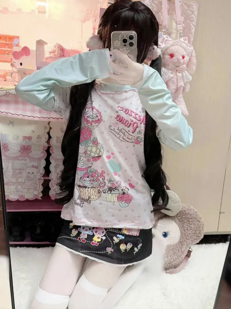 Kawaii Cuteore Sweet T Shirts Women Japanese Style Soft Girl Y2k Harajuku Cute Print Fake Two-piece Slim Tees Tops 2025