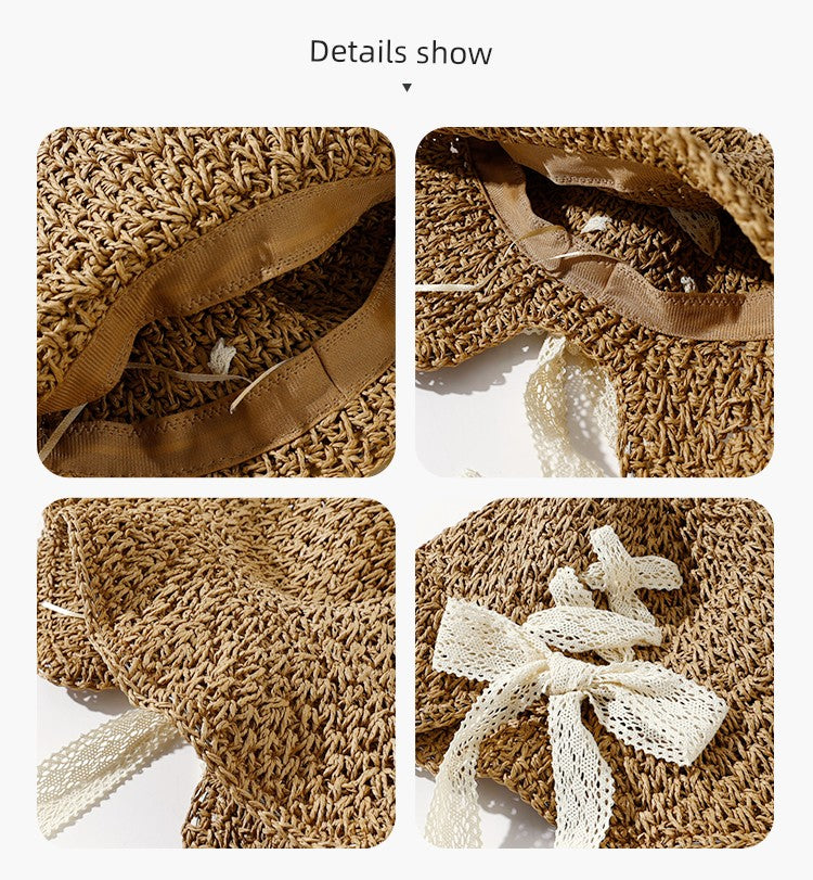 Straw Hat Female Summer New French Woven Bows Sun-Proof Bucket Hat Fresh Beach Trip Vacation Sun Hat