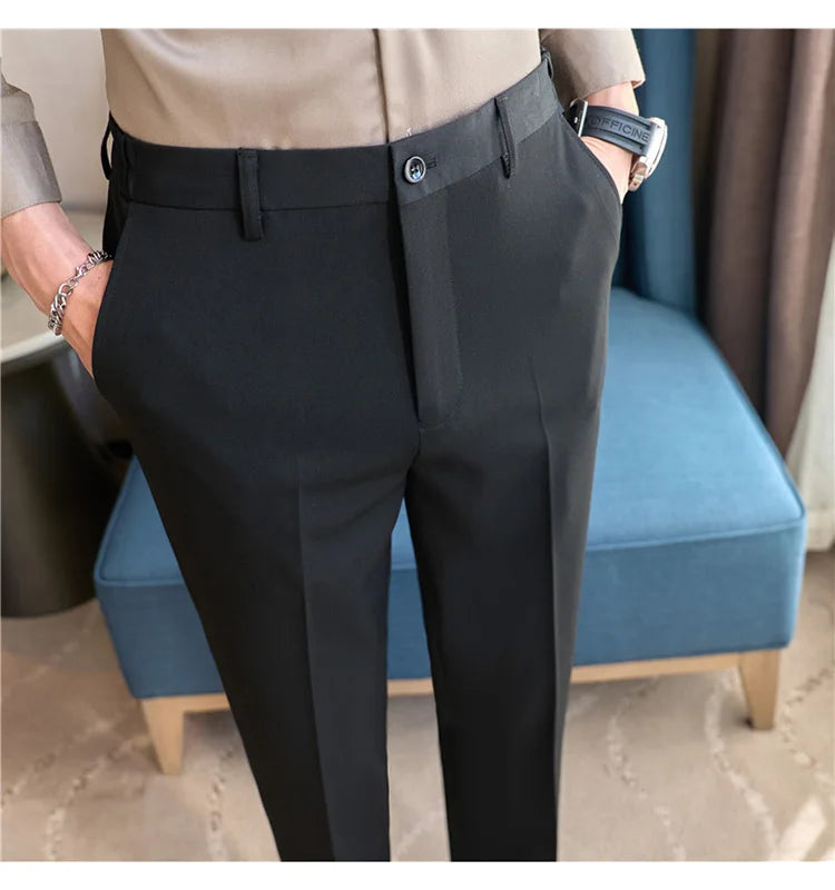 High End Elastic Waistband Suit Pants for Men Embroidered Business Casual Pants Solid Colror Versatile Social Office Trousers