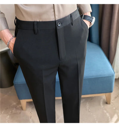 High End Elastic Waistband Suit Pants for Men Embroidered Business Casual Pants Solid Colror Versatile Social Office Trousers